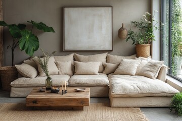 Modern cozy living room with minimalistic decor and natural light