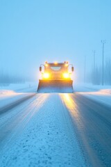 Snowplow clears snowy road under foggy winter sky, creating visi