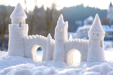 A winter wonderland scene with a snow-made castle in an open field