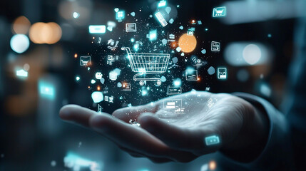 Teal Glowing Digital Icons Held in Hand Against City Night Lights