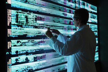 Biochemist analyzes genetic sequences on a large digital display in a modern laboratory setting