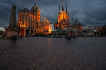 Cathedral and church Severi in Erfurt in the blue hour after sunset