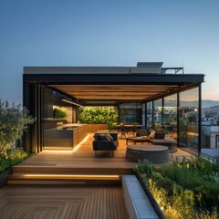 Obraz premium Modern rooftop terrace with stunning city views at dusk, featuring stylish furniture and lush greenery. Generative AI