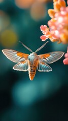 Stunning macro close up photograph of a vibrant colorful moth with intricate delicate wing patterns against a blurred natural background of leaves and flowers  The moth s fuzzy body large eyes