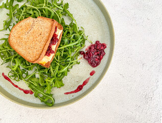 Grilled cheese toast sandwich with cranberry sauce on arugula bed in plate, top down, close up, copy space