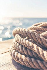 Coiled rope rests on wooden dock, glistening waves in background © Viktoriia