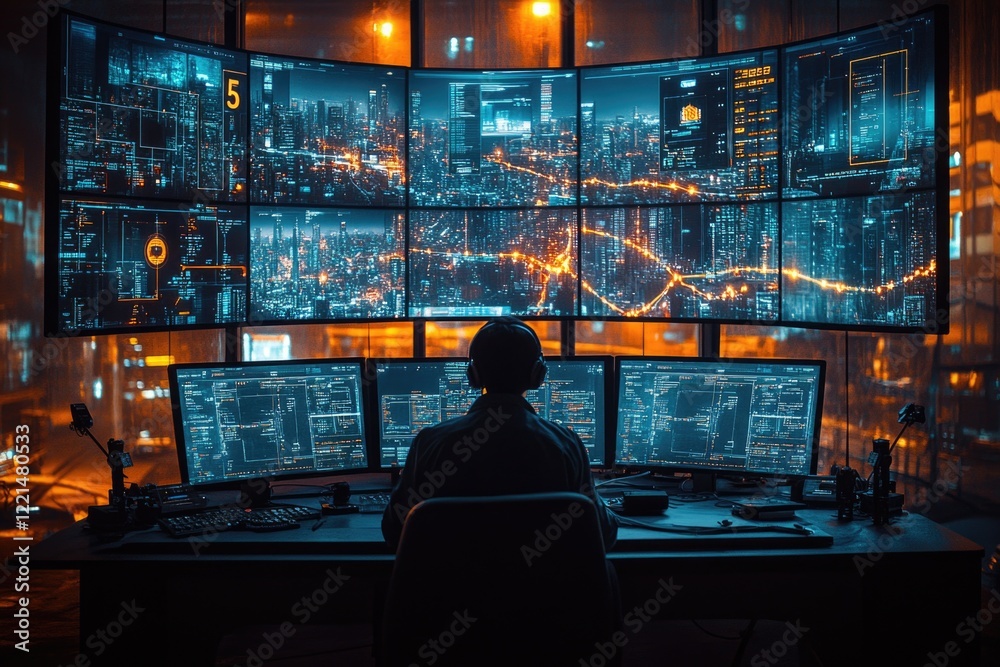 Poster man working on computer with multiple monitors, useful for office or technology-related scenes