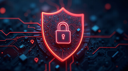 Abstract neon representation of cyber security, shield shape with padlock implied, glowing lines and circuit board textures, dark and blurred background, digital art