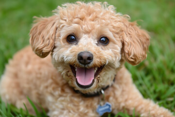 Adorable toy poodle puppy smiling on grass background