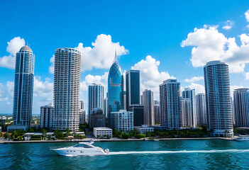 Fototapeta premium Aerial view of Miami skyscrapers with blue cloudy sky, white boat sailing next to Miami downtown 