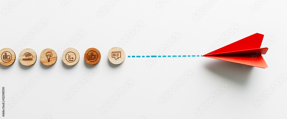Poster concept of digital communication with wooden icons and red paper airplane. business background