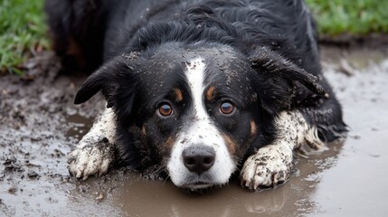 Dirty dog lying in a mud puddle looking at camera