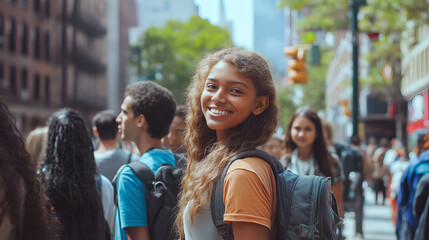 Students and woman with friends in city for university application, group and future. Queue, happiness and college freshman with people  for solidarity, support and education