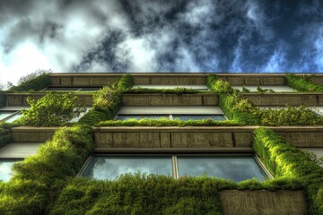 Fototapeta premium Tall building covered in lush plants, a mix of natural and urban environments