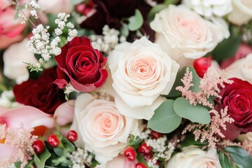 Close-up of a rose bouquet in red, pink, and white, pure elegance