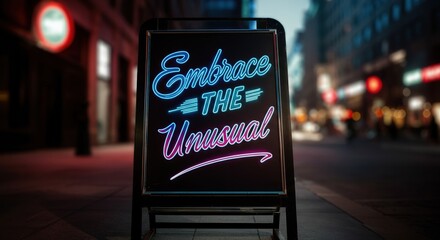 Neon sign reading Embrace the Unusual in a vibrant urban setting
