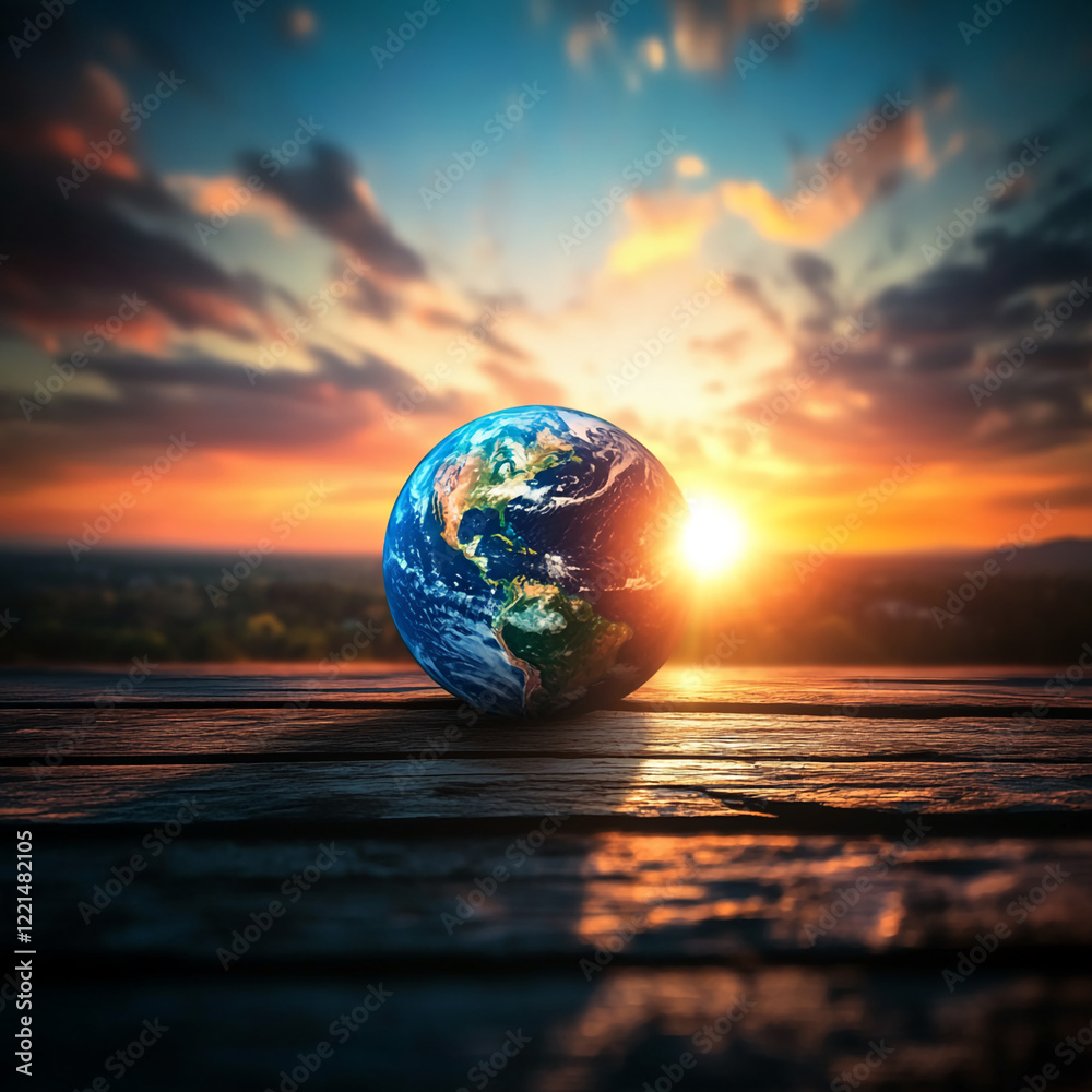 Poster Globe on wooden table with sunset background symbolizing the world and global connection