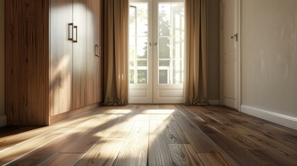 3D rendering of a modern interior design featuring a wooden wardrobe