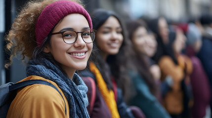 Students and woman with friends in city for university application, group and future. Queue, happiness and college freshman with people  for solidarity, support and education