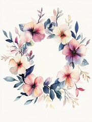 Obraz premium A circular floral wreath painted in soft watercolors, featuring pastel blossoms and leaves, symbolizing unity, beauty, and artistic expression in a timeless style.