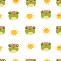 Fototapeta premium Hand drawn cute frog seamless pattern. Suitable for use for children's and baby product, backdrop, wrapping paper, and also printed on fabrics for clothes, t-shirts, blankets, textiles, etc