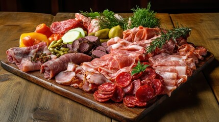 Assorted cured meats platter with vegetables and herbs on wooden board