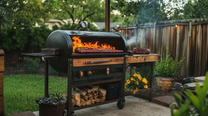 Outdoor barbecue grill with smoking meat and flames in backyard setting