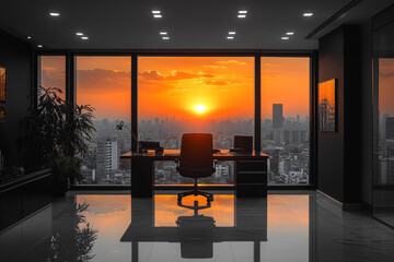Board of directors mockup, vibrant sunset through the window of the building.  