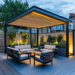 Obraz premium Cozy outdoor seating area with modern design in a serene urban garden at dusk. Generative AI