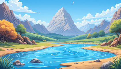 Obraz premium A cartoon landscape with mountains, water, lake, and trees illustration background for animation. 
