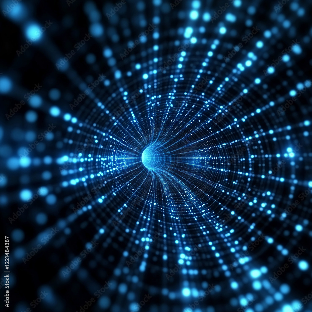 Poster Abstract glowing digital tunnel with blue dots, technology and data concept. Business background