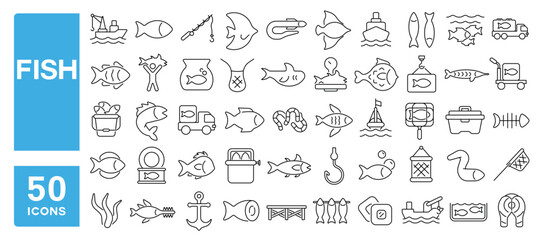 Set of 50 line icons related to fish, tuna, salmon, eel, mackerel, trout, herring, cod, shark, meat, fresh, Editable stroke. Vector illustration