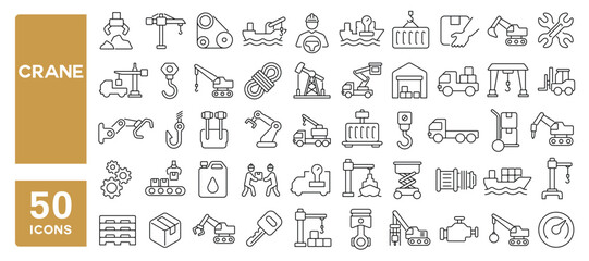 Set of 50 line icons related to crane, lift, hoist, hydraulic, machinery, hook, construction, vehicle, tractor, scaffold, logistic, Editable stroke. Vector illustration