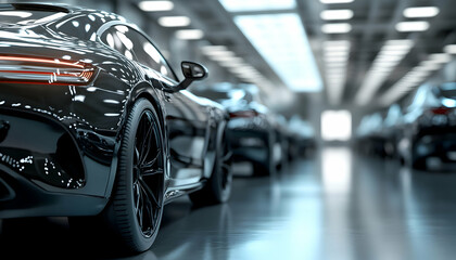 Modern cars are in the studio room. 3D illustration and 3D render