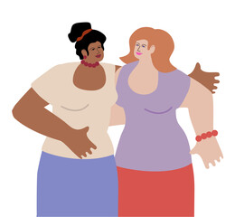 Fototapeta premium Friendly relations. Two girlfriends hug each other. Love between friends. Same-sex love. Flat style. Vector illustration.