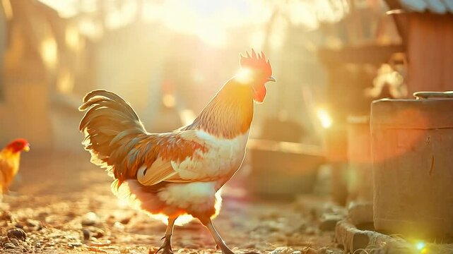 In a lively poultry yard, domestic hens and roosters roam freely, showcasing their vibrant feathers while geese interact nearby, all illuminated by the warm sunset glow.