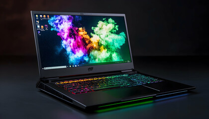 Modern laptop computer with RGB lighting on a dark background