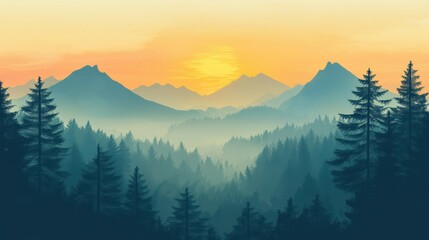 Sunset over misty mountain range with lush pine forest