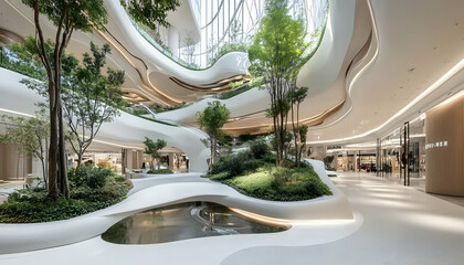 Modern shopping mall with spacious open layout, abundant natural light, and green indoor landscaping creating a serene and inviting environment for visitors