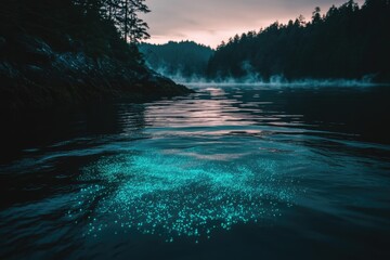 Bio luminescent water sparkles in a dark, calm cove at dusk, surrounded by a misty forest.