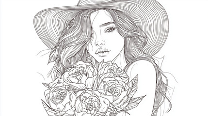 Fototapeta premium Hand-drawn coloring page of a woman with wavy hair wearing a sunhat, hugging a bouquet of roses and peonies wrapped in kraft paper, minimal Scandinavian style, thick outlines, white backgroun