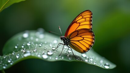 Obraz premium Macro photography of an orange butterfly with dew drops on a green leaf 