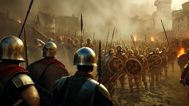 Roman soldiers march into battle with determination through a smoky battlefield as the sun sets, ready to defend their empire against enemies in an epic clash