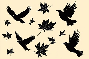A group of birds and leaves in mid-air, capturing a moment of flight and movement