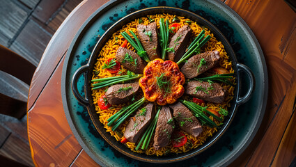 Obraz premium delicious paella with meat and vegetables, traditional food of Spain