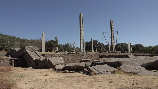 Low angle view of historic obelisks at archeology site in Aksum, Ethiopia
