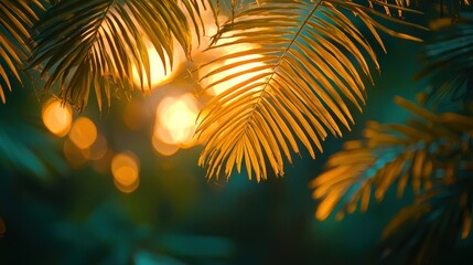 Golden palm leaves sunset bokeh background