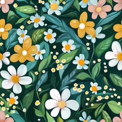Colorful floral Seamless pattern featuring white, yellow, and pink flowers with green leaves against a dark background. Generative AI