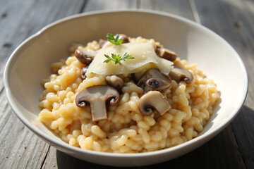 Creamy mushroom risotto with Parmesan in natural light