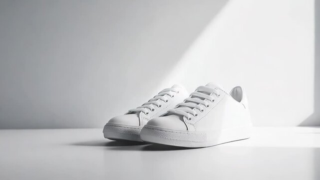 Trendy white sneakers are elegantly displayed against a clean backdrop, highlighting their modern design against minimalistic background